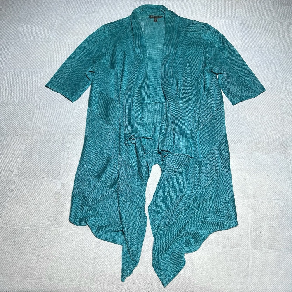 Eileen Fisher Cardigan Womens Small Linen Silk Open Drape Stripe Teal Green‎